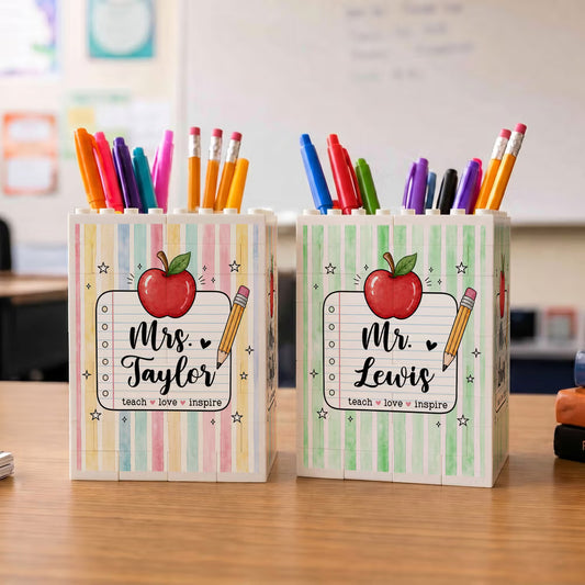 Personalised Teach Love Inspire Large Capacity Building Blocks Brick Pencil Holder with Appellation and Name Teacher’s Day Gift for Teacher