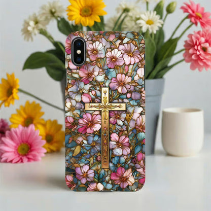 Personalized Cross Floral Stained Glass Phone Case with Letter for iPhone Anniversary Birthday Gift for Friend Family Woman