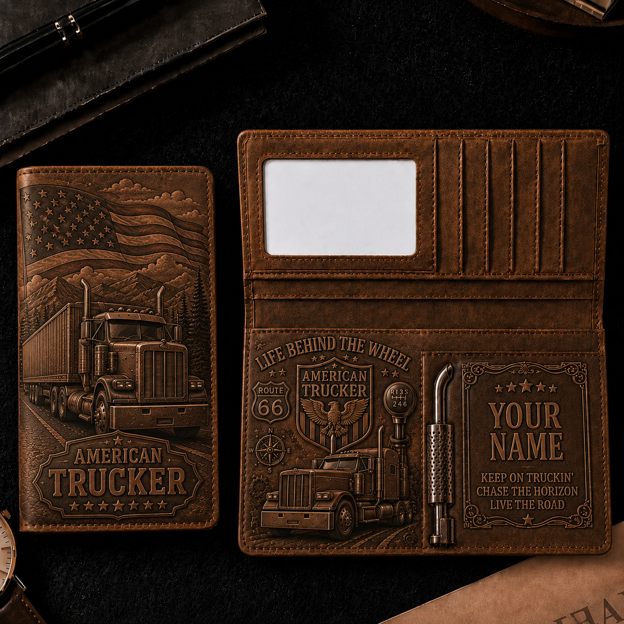 Personalized American Trucker PU Leather Long Wallet – Custom Name Trucker Wallet Gift for Truck Drivers