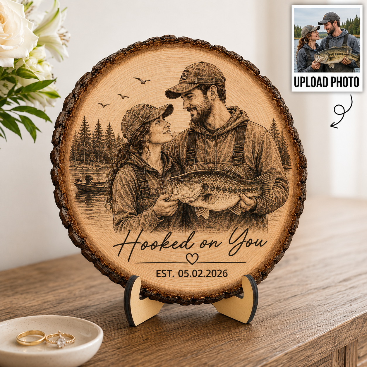 Hooked On You Fishing Couple Custom Photo - Personalized 2-Layered Wooden Plaque - Anniversary Gift, Wedding Gift For Couple
