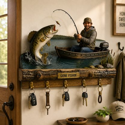 Personalized Fishing Wall Mounted Key Holder – Custom Rustic Hook Rack Gift For Fisherman