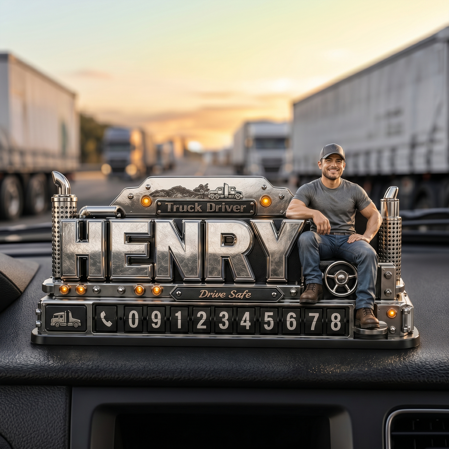 Personalized Truck Driver Dashboard Phone Number Plate - Custom Photo, Gift For Truckers