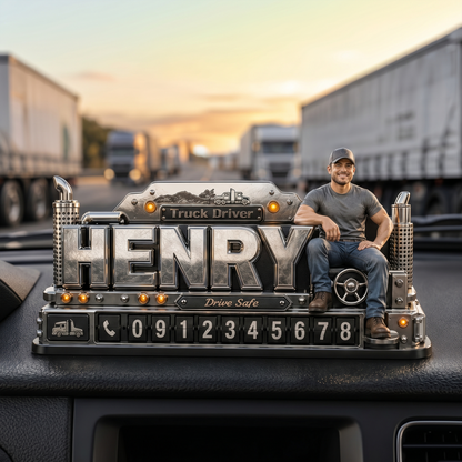 Personalized Truck Driver Dashboard Phone Number Plate - Custom Photo, Gift For Truckers