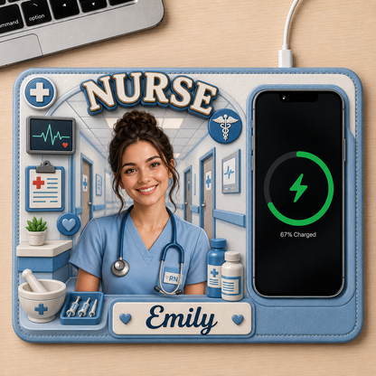 Personalized Nurse Custom Photo Wireless Charging Mat – Custom Name PU Leather Desk Mat, Nurse Gift