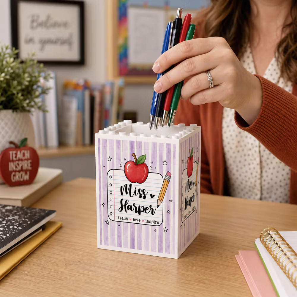 Personalised Teach Love Inspire Large Capacity Building Blocks Brick Pencil Holder with Appellation and Name Teacher’s Day Gift for Teacher