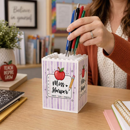 Personalised Teach Love Inspire Large Capacity Building Blocks Brick Pencil Holder with Appellation and Name Teacher’s Day Gift for Teacher
