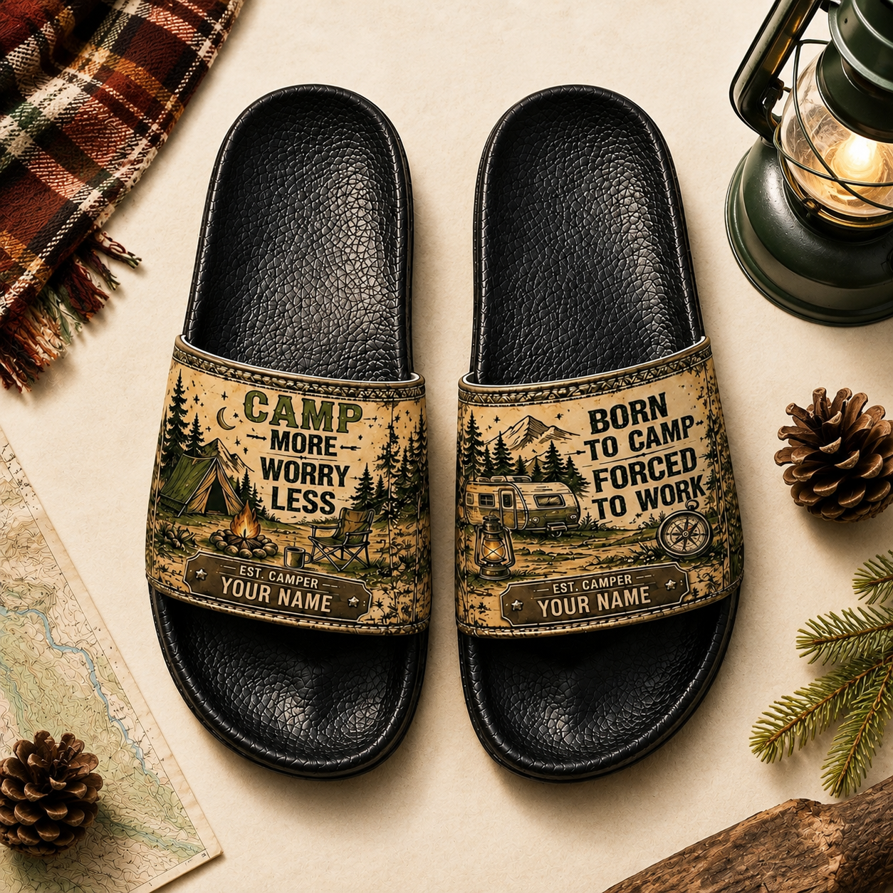 Personalized Camping Slide Sandals – Camp More Worry Less Custom Name Campers