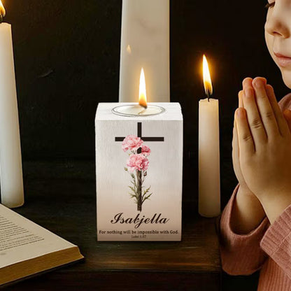 Personalized Birth Flower Cross Bible Verse Wooden Candle Holder with Name Birthday Baptism Gift for Christians