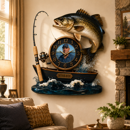 Personalized Photo Fishing Boat Wall Clock – Custom Fisherman Portrait Clock, Gift For Fishing Lovers