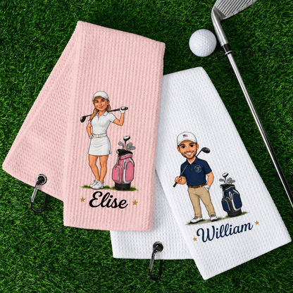 Personalised Cartoon Character Absorbent Waffle Golf Towel with Name and Initial Hanging Clip Sports Accessories Birthday Gift for Golf Player