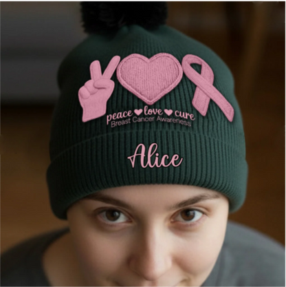 Peace Love Cure Pink Ribbon - Personalized Breast Cancer Awareness Beanie Hat