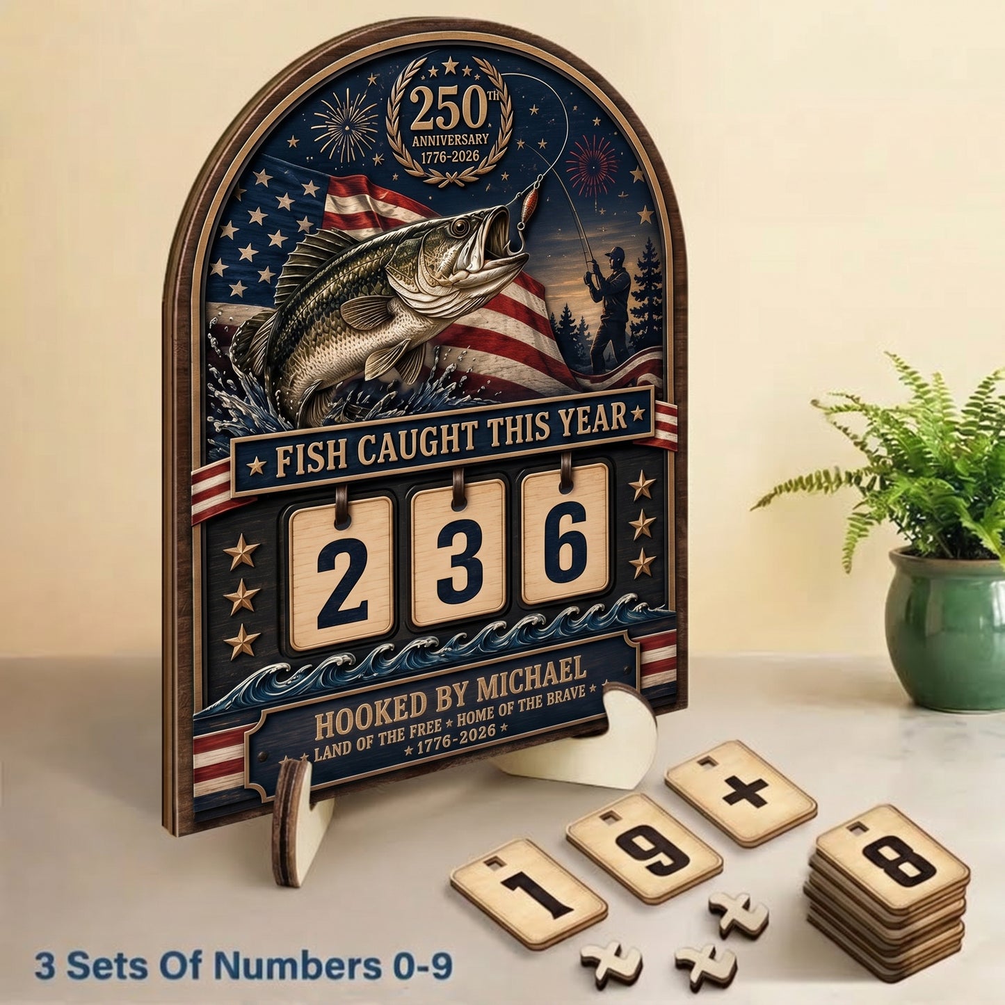Personalized America 250th Anniversary Fishing Tracker Sign – Fish Caught This Year – Custom 2-Layered Wooden Plaque