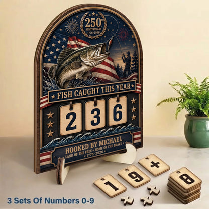 Personalized America 250th Anniversary Fishing Tracker Sign – Fish Caught This Year – Custom 2-Layered Wooden Plaque