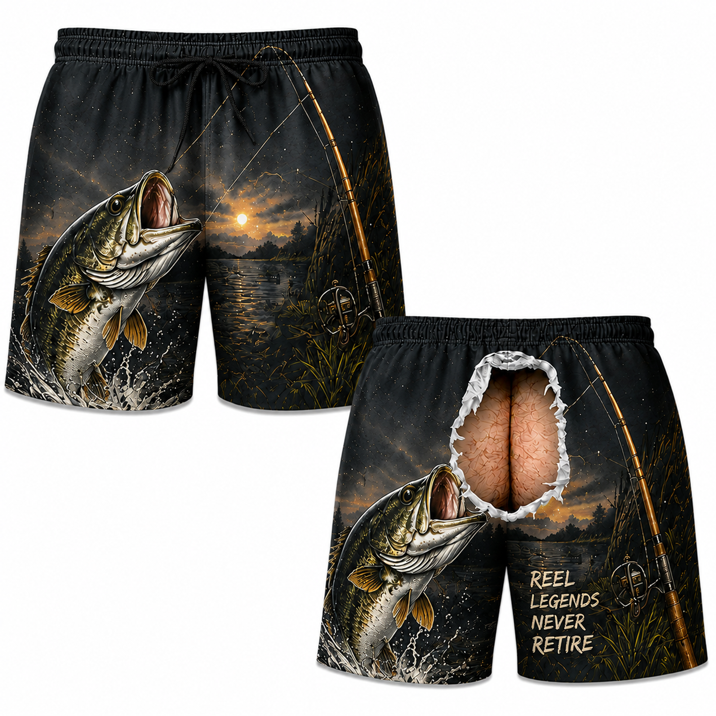 Funny Fishing Ripped Back Men’s Beach Shorts – Catch Relax Repeat Bass Swim Trunks