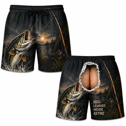 Funny Fishing Ripped Back Men’s Beach Shorts – Catch Relax Repeat Bass Swim Trunks