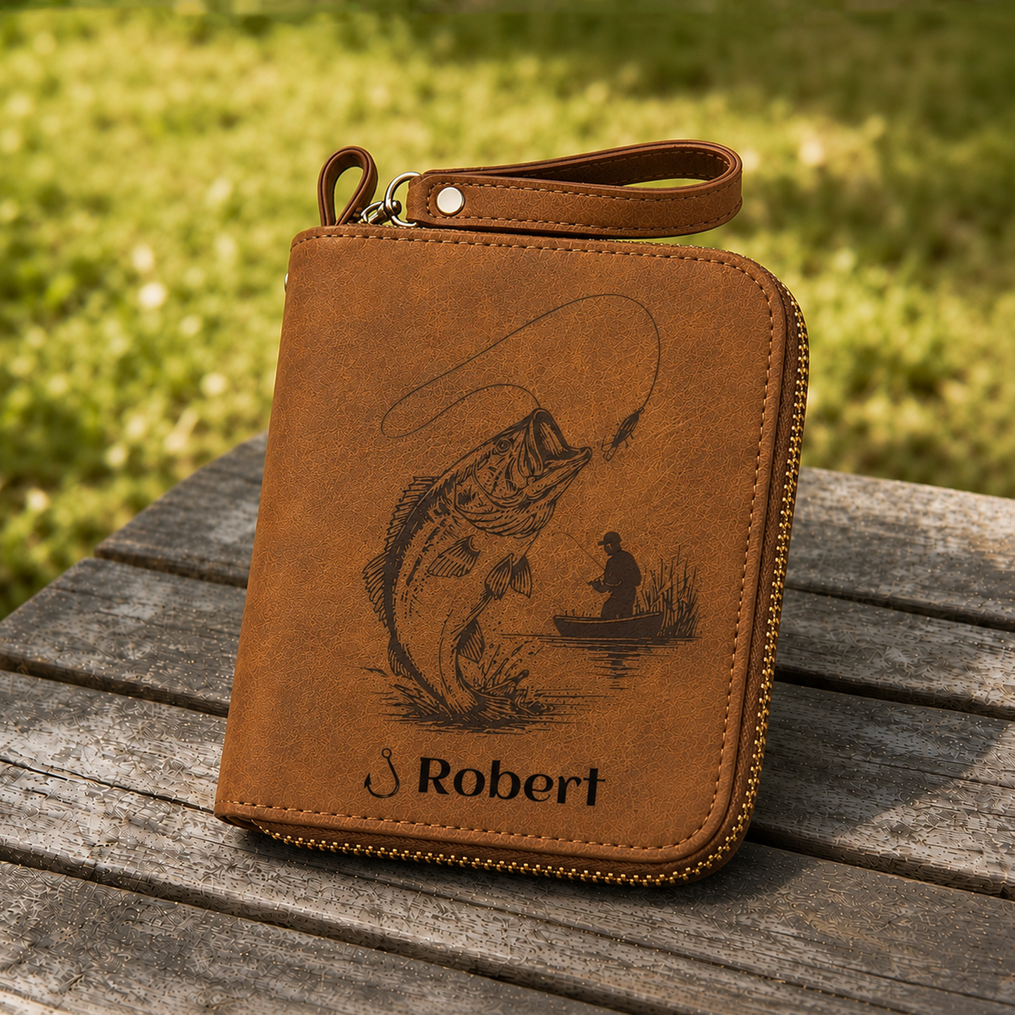 Personalized Leather Fishing Lure Storage Wallet – Custom Name Tackle Organizer Bag for Fishermen