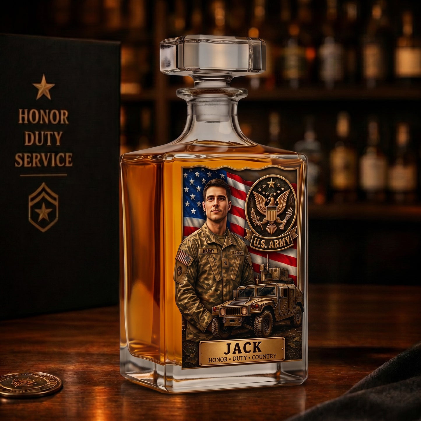 Personalized U.S. Army Custom Photo Whiskey Decanter, Glass & Coaster Set – Military Veteran Gift