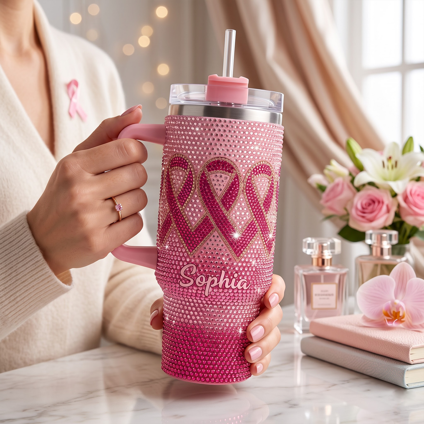 Custom Name Breast Cancer Survivor Gift – Personalized Pink Ribbon 40oz Tumbler With Handle