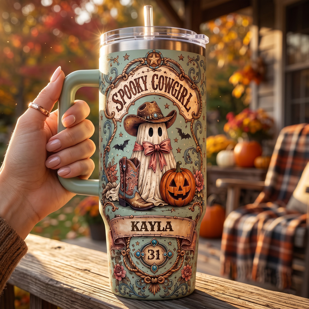 Personalized Spooky Cowgirl Tumbler 40oz, Custom Name Halloween Western Tumbler, Ghost Cowgirl Travel Mug with Handle, Cute Cowgirl Gift