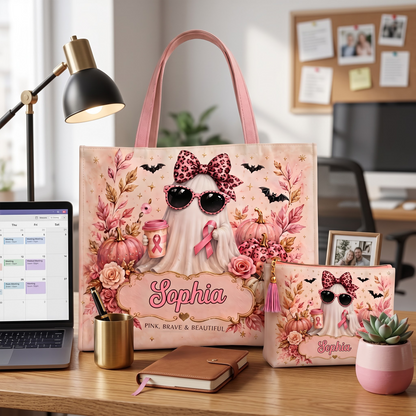Personalized Breast Cancer Halloween Tote Bag & Makeup Bag Set – Pink Ribbon Ghost Custom Name Gift for Her