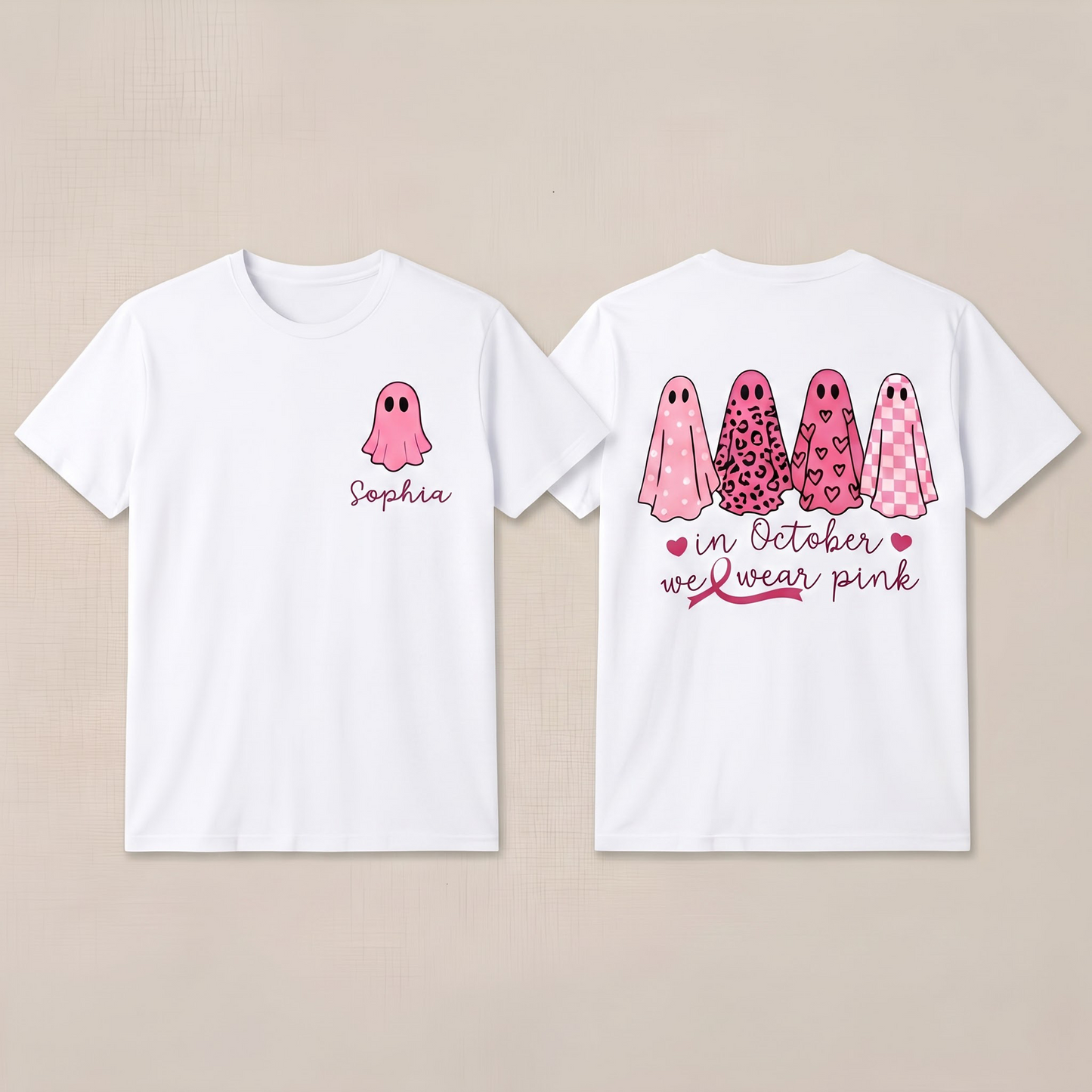 Personalized In October We Wear Pink Ghost T-Shirt, Breast Cancer Awareness Halloween Shirt, Custom Cancer Support Gift for Women