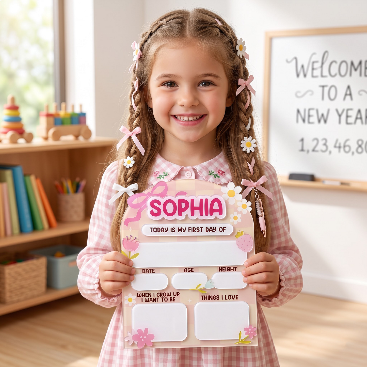 Daisy And Ribbon Theme 1St Day Of School Reusable - Personalized First Day School Sign