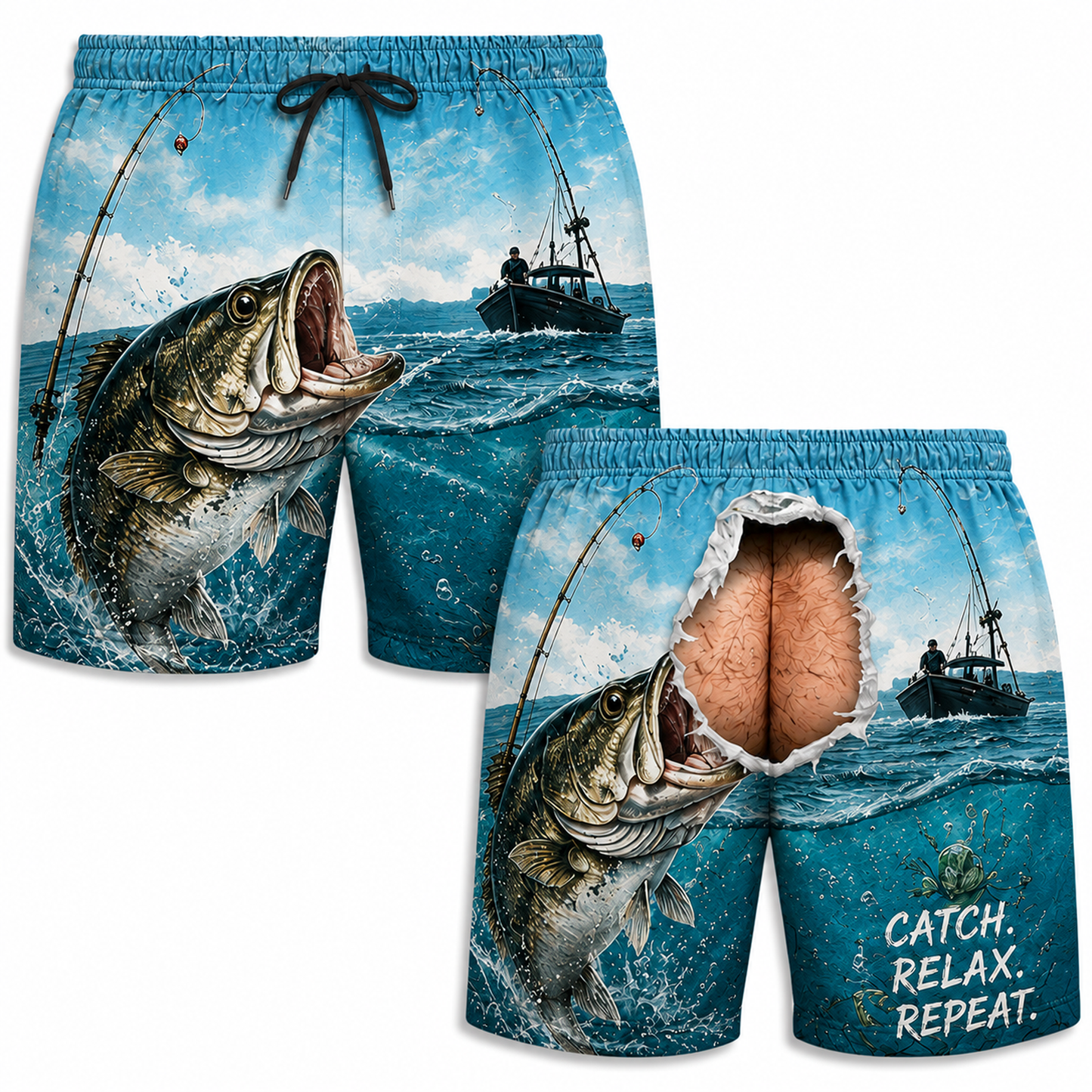Funny Fishing Ripped Back Men’s Beach Shorts – Catch Relax Repeat Bass Swim Trunks