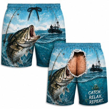 Funny Fishing Ripped Back Men’s Beach Shorts – Catch Relax Repeat Bass Swim Trunks