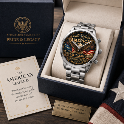 Personalized United States of America Anniversary Men’s Watch – Custom Name Patriotic Eagle Watch, American Pride Gift for Him