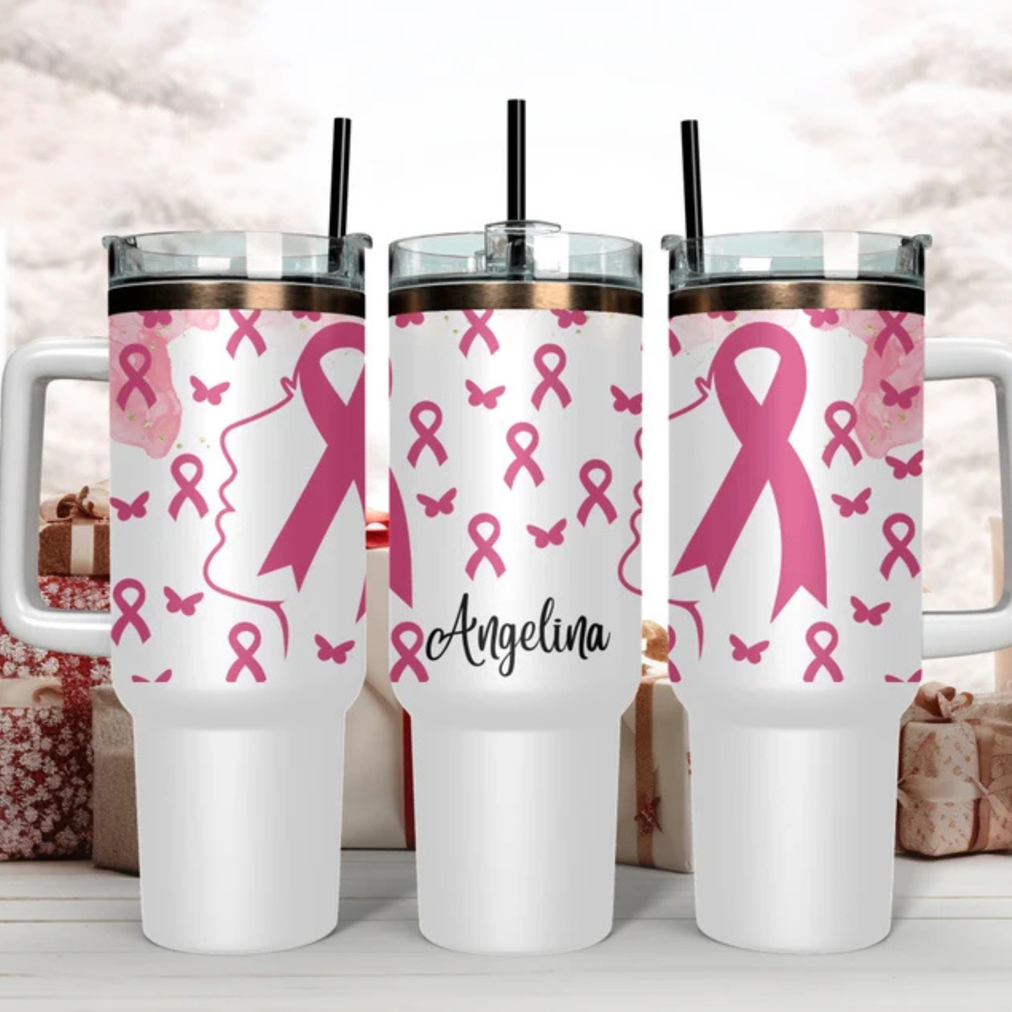 40oz Breast Cancer Awareness Tumbler, Pink Ribbon Survivor Water Bottle, Custom Name Cup