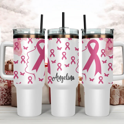 40oz Breast Cancer Awareness Tumbler, Pink Ribbon Survivor Water Bottle, Custom Name Cup