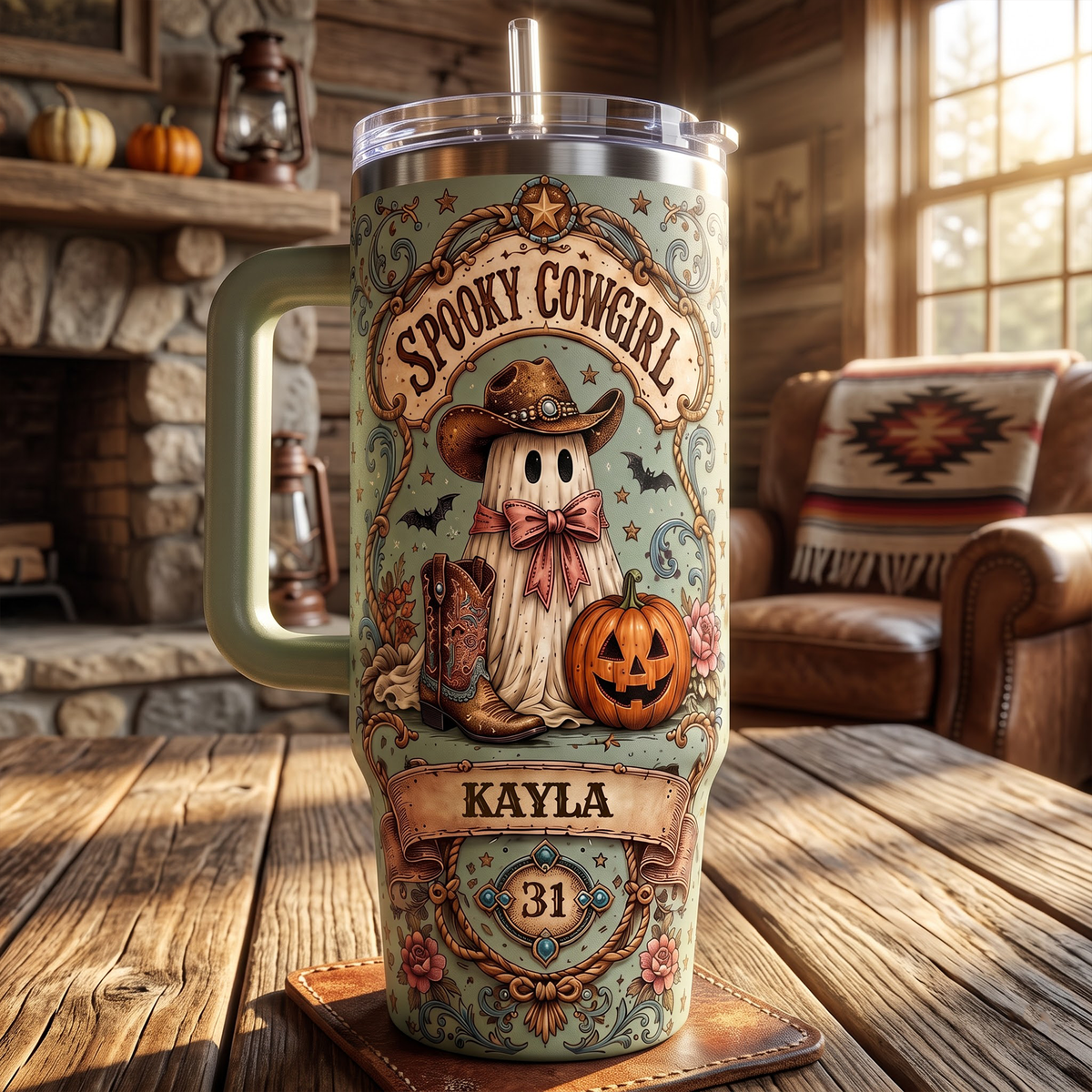 Personalized Spooky Cowgirl Tumbler 40oz, Custom Name Halloween Western Tumbler, Ghost Cowgirl Travel Mug with Handle, Cute Cowgirl Gift