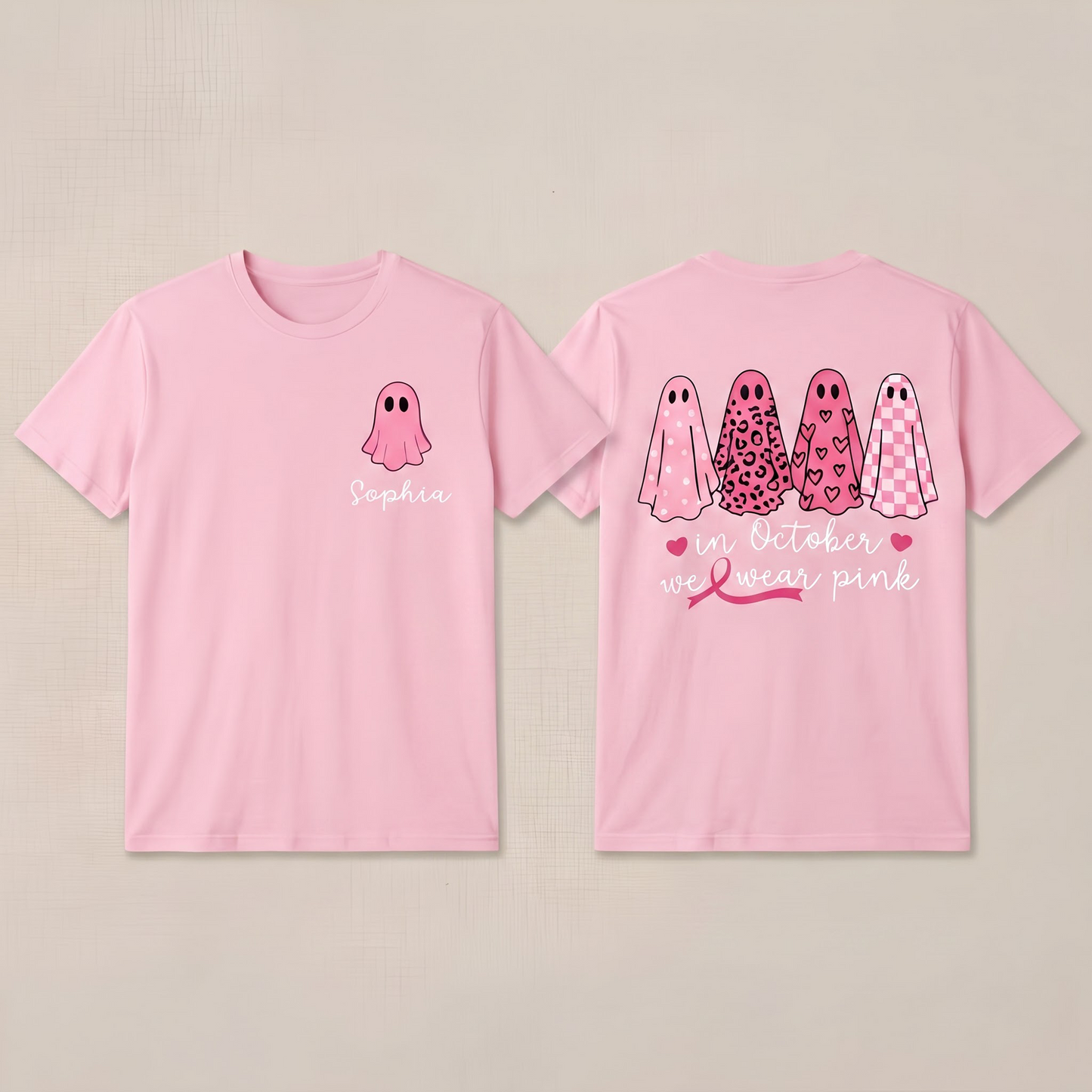 Personalized In October We Wear Pink Ghost T-Shirt, Breast Cancer Awareness Halloween Shirt, Custom Cancer Support Gift for Women