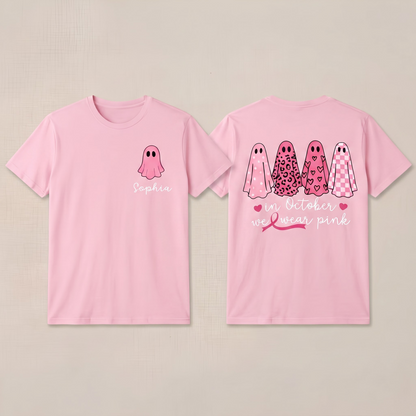 Personalized In October We Wear Pink Ghost T-Shirt, Breast Cancer Awareness Halloween Shirt, Custom Cancer Support Gift for Women