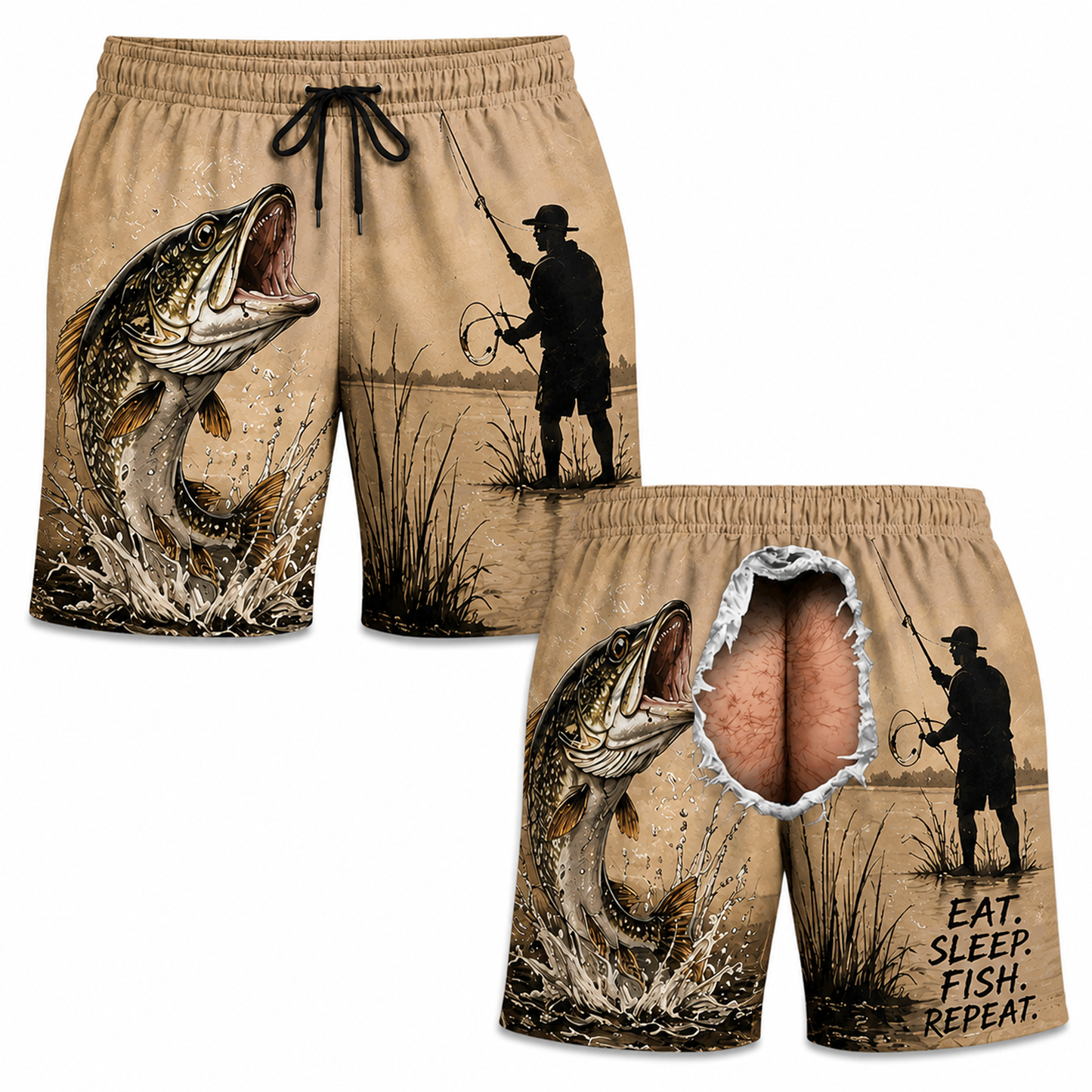 Funny Fishing Ripped Back Men’s Beach Shorts – Catch Relax Repeat Bass Swim Trunks