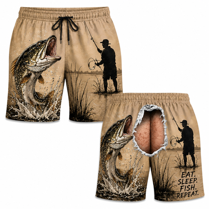 Funny Fishing Ripped Back Men’s Beach Shorts – Catch Relax Repeat Bass Swim Trunks