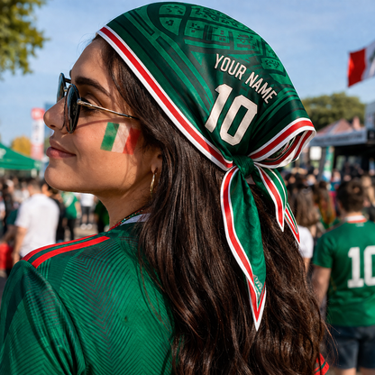 Southwestern Inspired Mexico Soccer Satin Head Scarf – Green Match Day Bandana for Women, Custom Name & Number Football Outfit