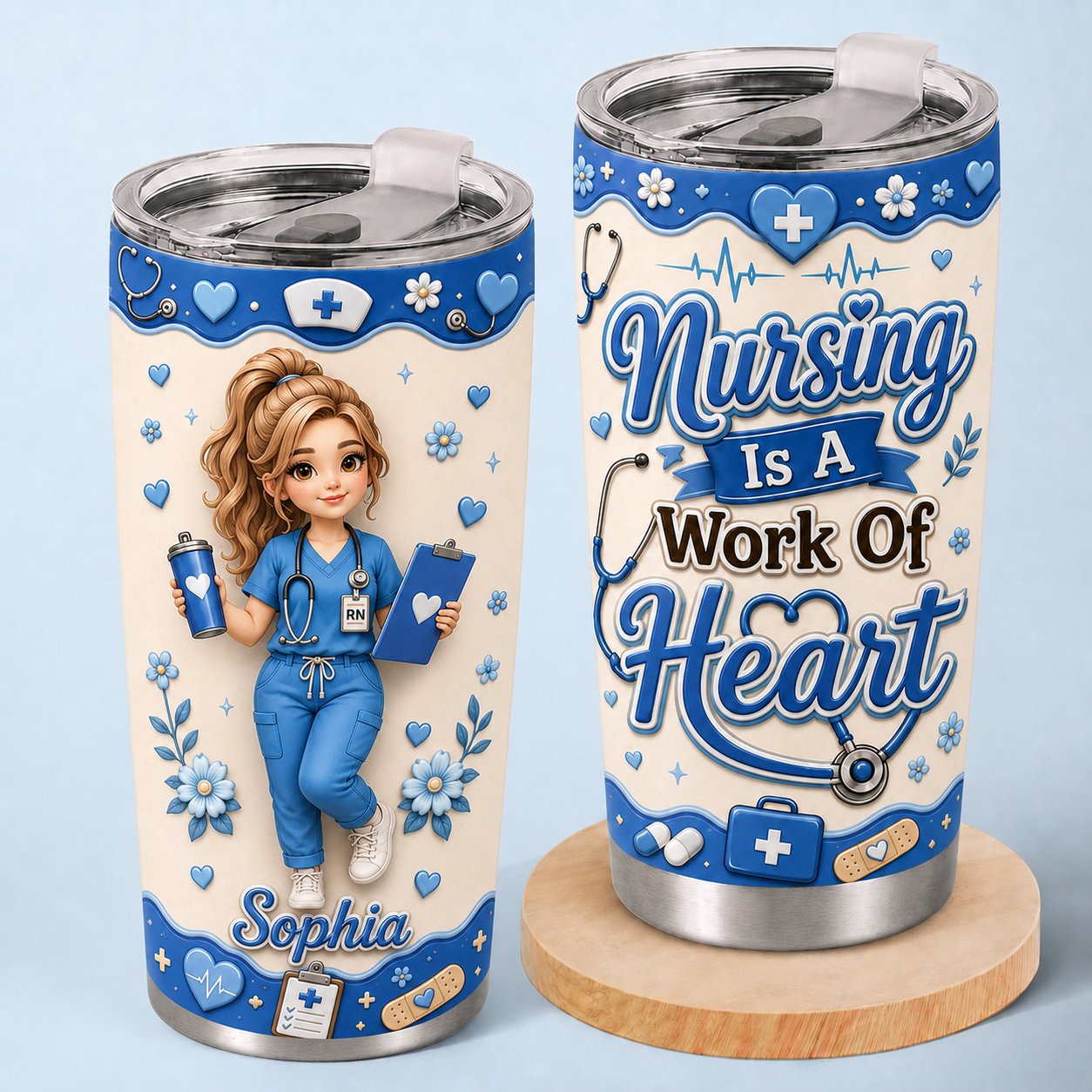 Personalized Nurse Tumbler – Nursing Is A Work Of Heart Custom Name 20oz Stainless Steel Cup