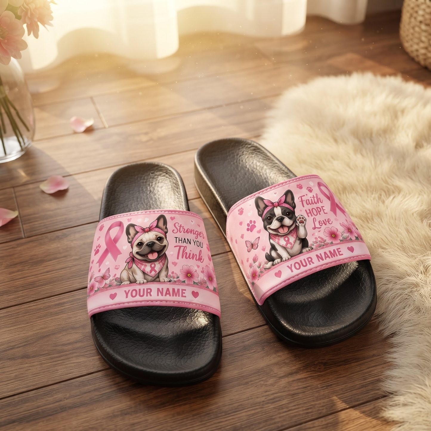 Breast Cancer Awareness Dog Lover - Personalized Slide Sandals | Custom Name Pink Ribbon Sandals Gift For Women