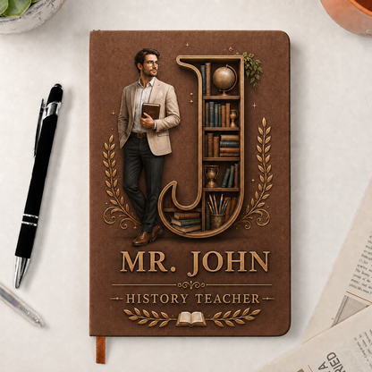 Personalized Teacher Initial & Name PU Leather Notebook – Custom Thank You Gift for Teachers