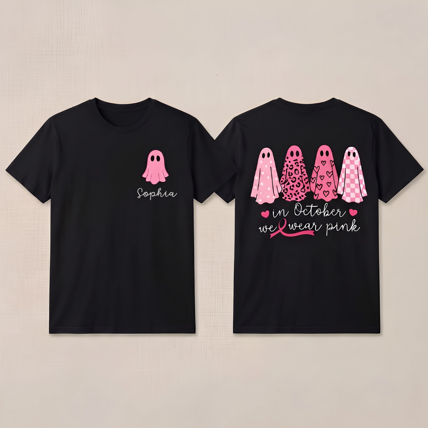 Personalized In October We Wear Pink Ghost T-Shirt, Breast Cancer Awareness Halloween Shirt, Custom Cancer Support Gift for Women