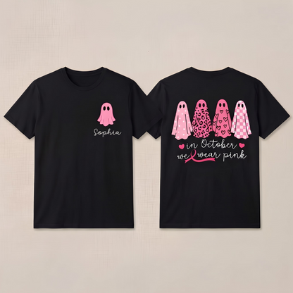 Personalized In October We Wear Pink Ghost T-Shirt, Breast Cancer Awareness Halloween Shirt, Custom Cancer Support Gift for Women