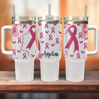 40oz Breast Cancer Awareness Tumbler, Pink Ribbon Survivor Water Bottle, Custom Name Cup