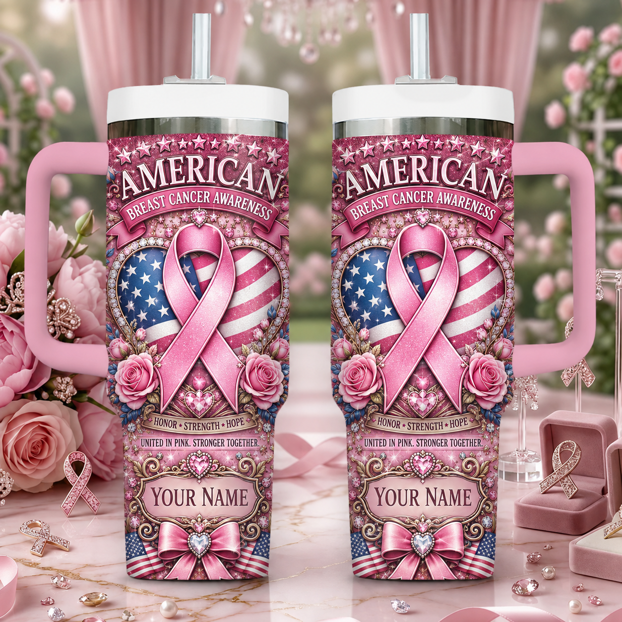 Personalized American Breast Cancer Awareness 40oz Tumbler With Handle & Straw – Custom Name Pink Ribbon Patriotic Gift