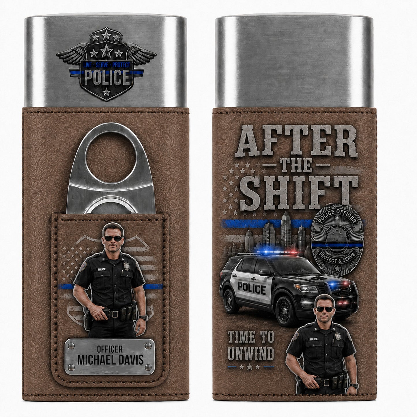 Personalized Police Officer Leather Travel Case With Custom Photo – Serve & Protect Gift For Him