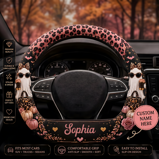 Personalized Halloween Steering Wheel Cover – Custom Name Pink Leopard Ghost Car Accessory, Spooky Chic Halloween Gift for Her