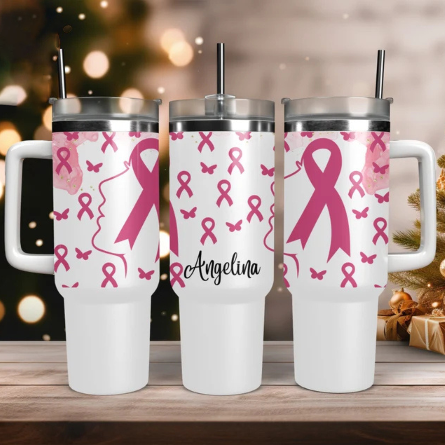 40oz Breast Cancer Awareness Tumbler, Pink Ribbon Survivor Water Bottle, Custom Name Cup