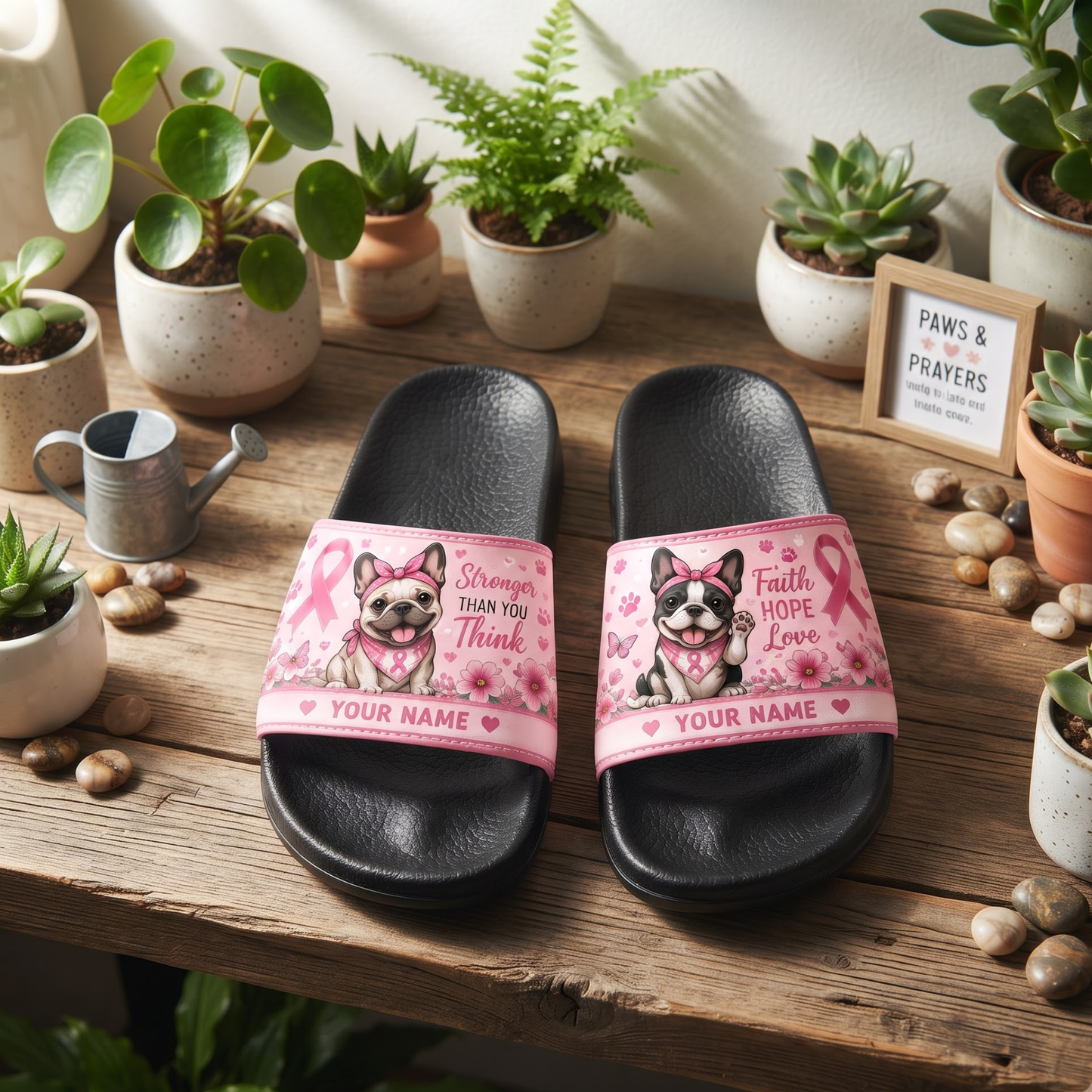 Breast Cancer Awareness Dog Lover - Personalized Slide Sandals | Custom Name Pink Ribbon Sandals Gift For Women