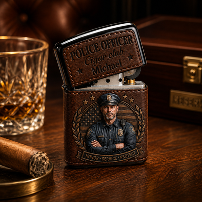 Personalized Police Officer Leather Flip-Top Lighter – Custom Name Honor Service Protect Gift For Him