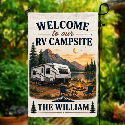 Personalized Welcome To Our RV Campsite Garden Flag – Custom Family Name Camping Flag, RV Camper Outdoor Decor Gift